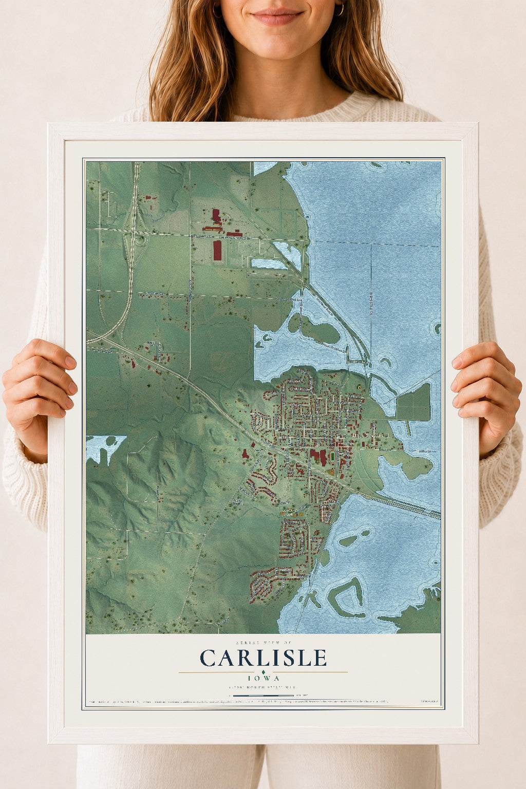 Map of Carlisle, Iowa, 18 x 24 inch print in a white wood frame