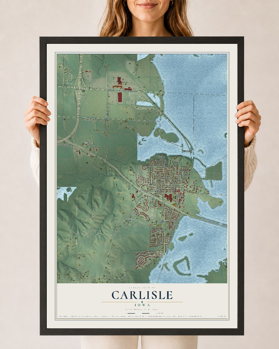 Map of Carlisle, Iowa, 24 x 36 inch print in a black wood frame