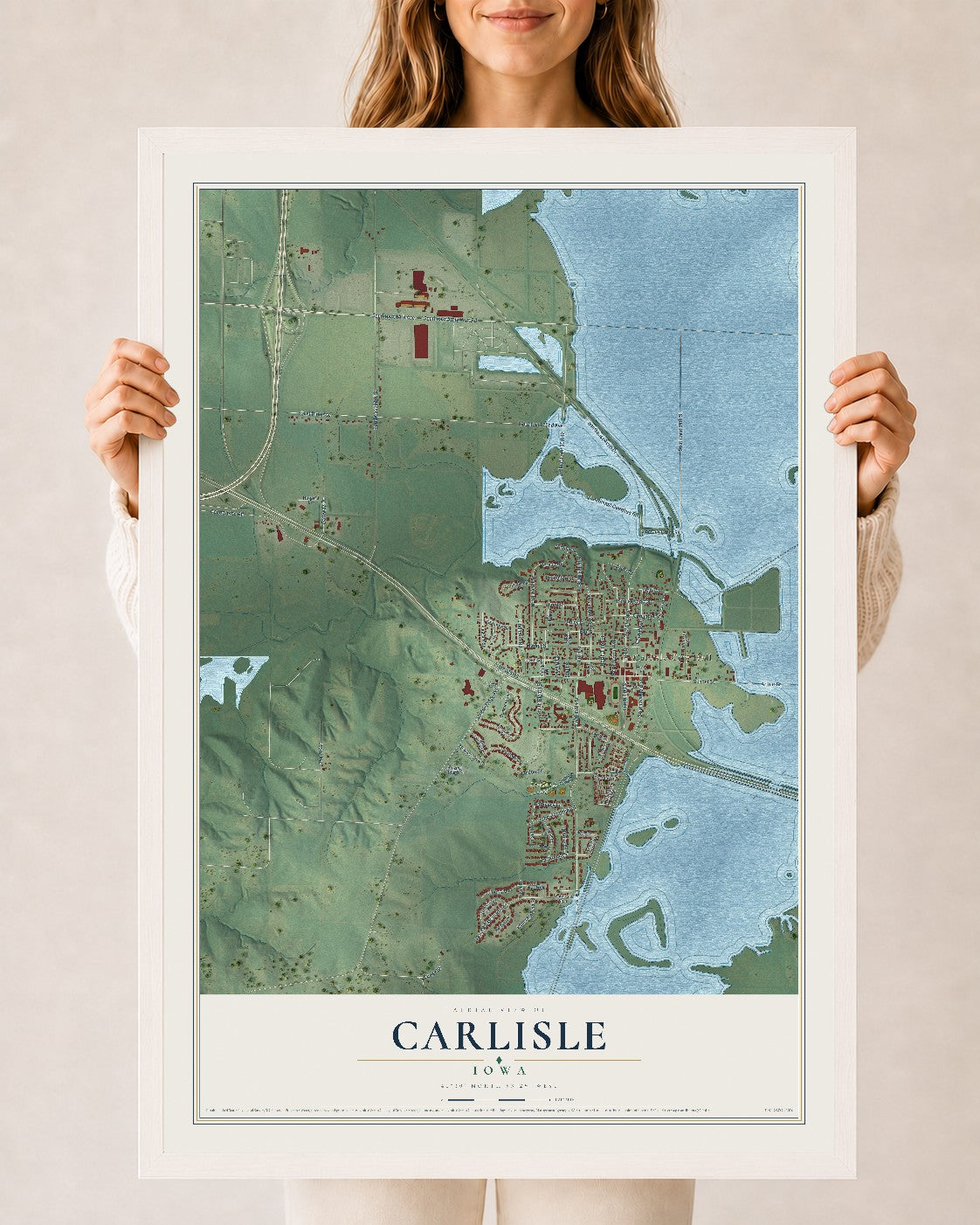 Map of Carlisle, Iowa, 24 x 36 inch print in a white wood frame
