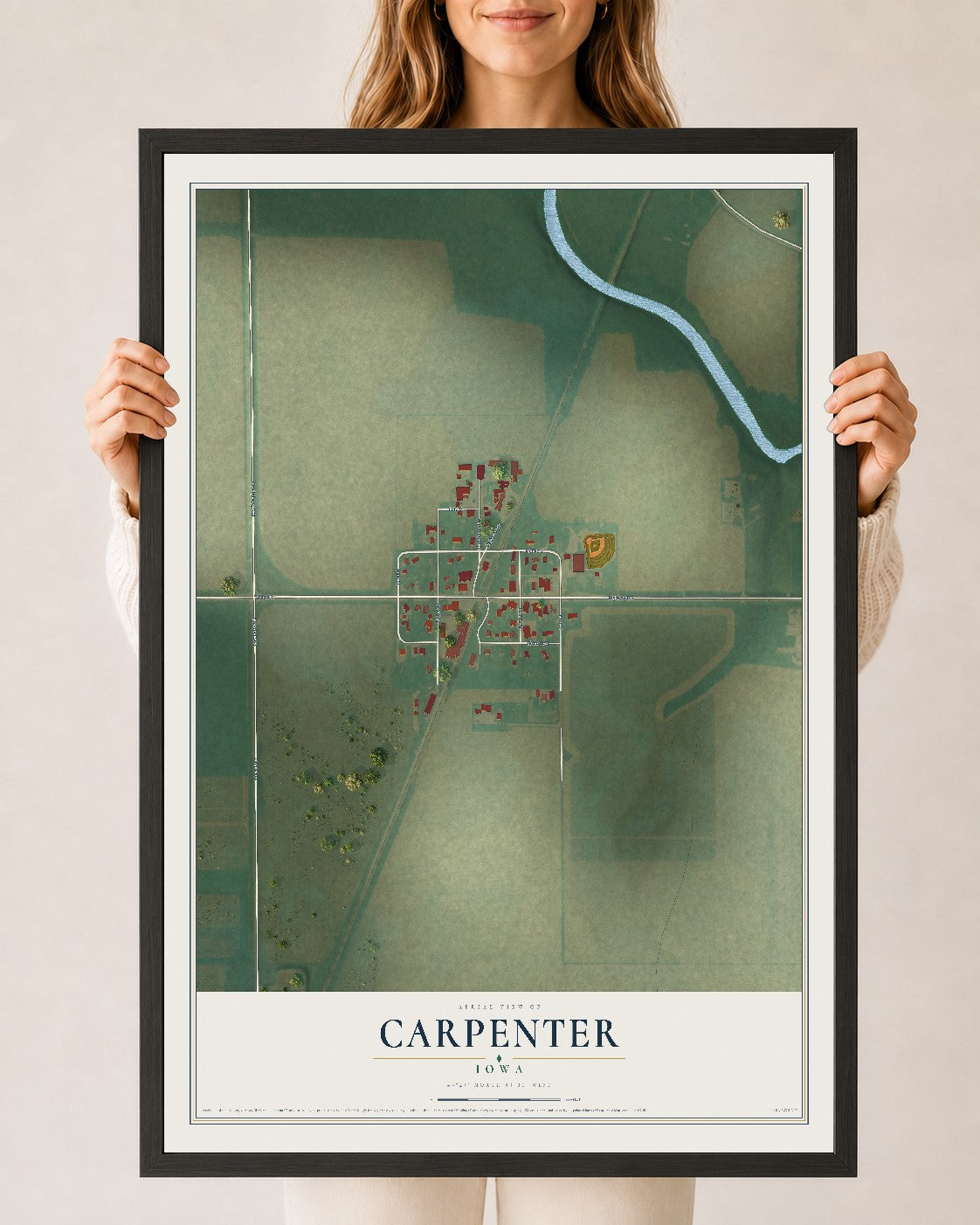 Map of Carpenter, Iowa, 24 x 36 inch print in a black wood frame