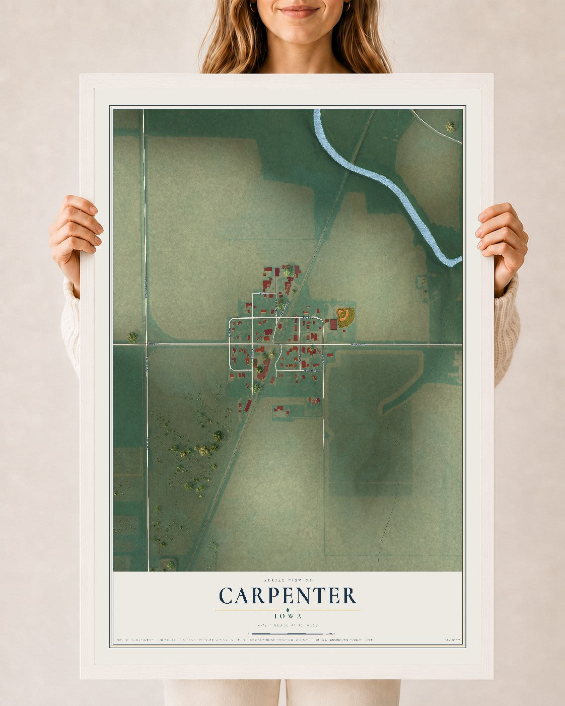 Map of Carpenter, Iowa, 24 x 36 inch print in a white wood frame