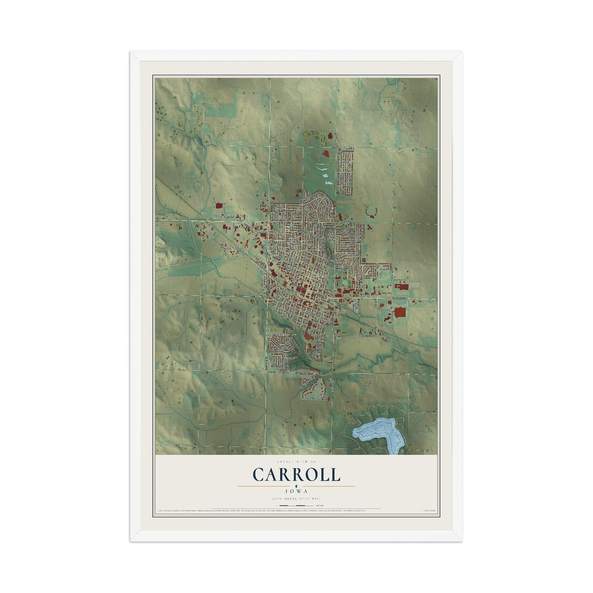 Map of Carroll, Iowa, 12 x 18 inch print in a white wood frame