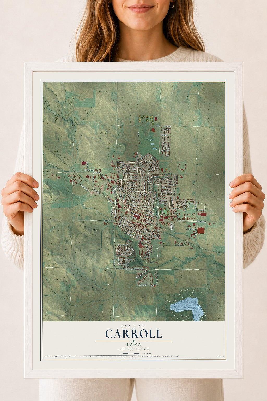 Map of Carroll, Iowa, 18 x 24 inch print in a white wood frame