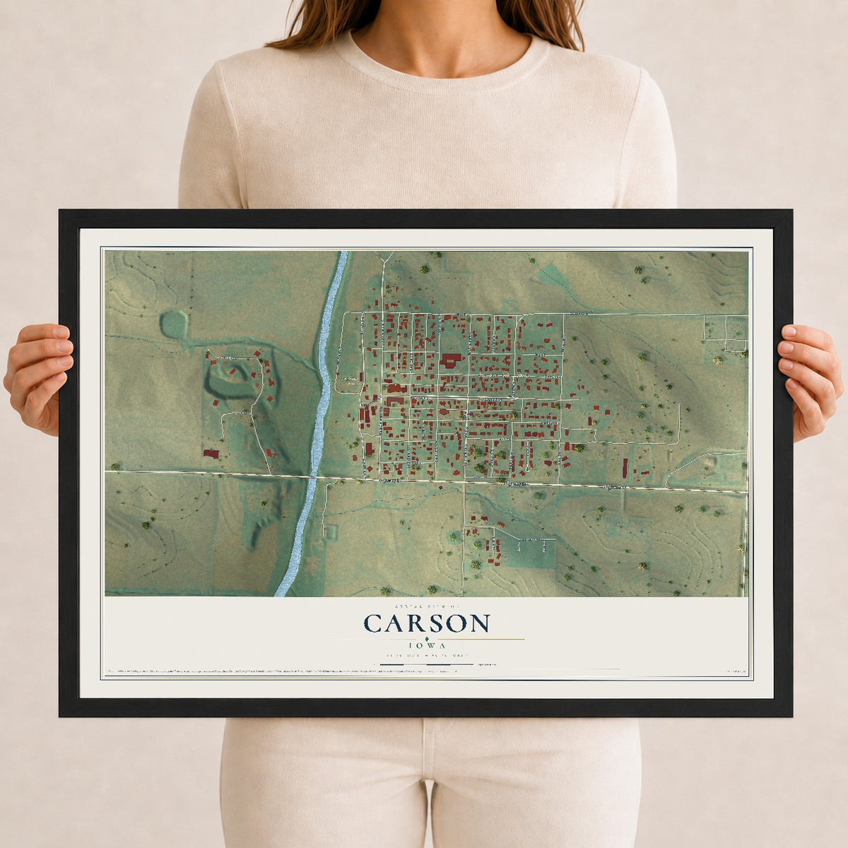 Map of Carson, Iowa, 12 x 18 inch print in a black wood frame