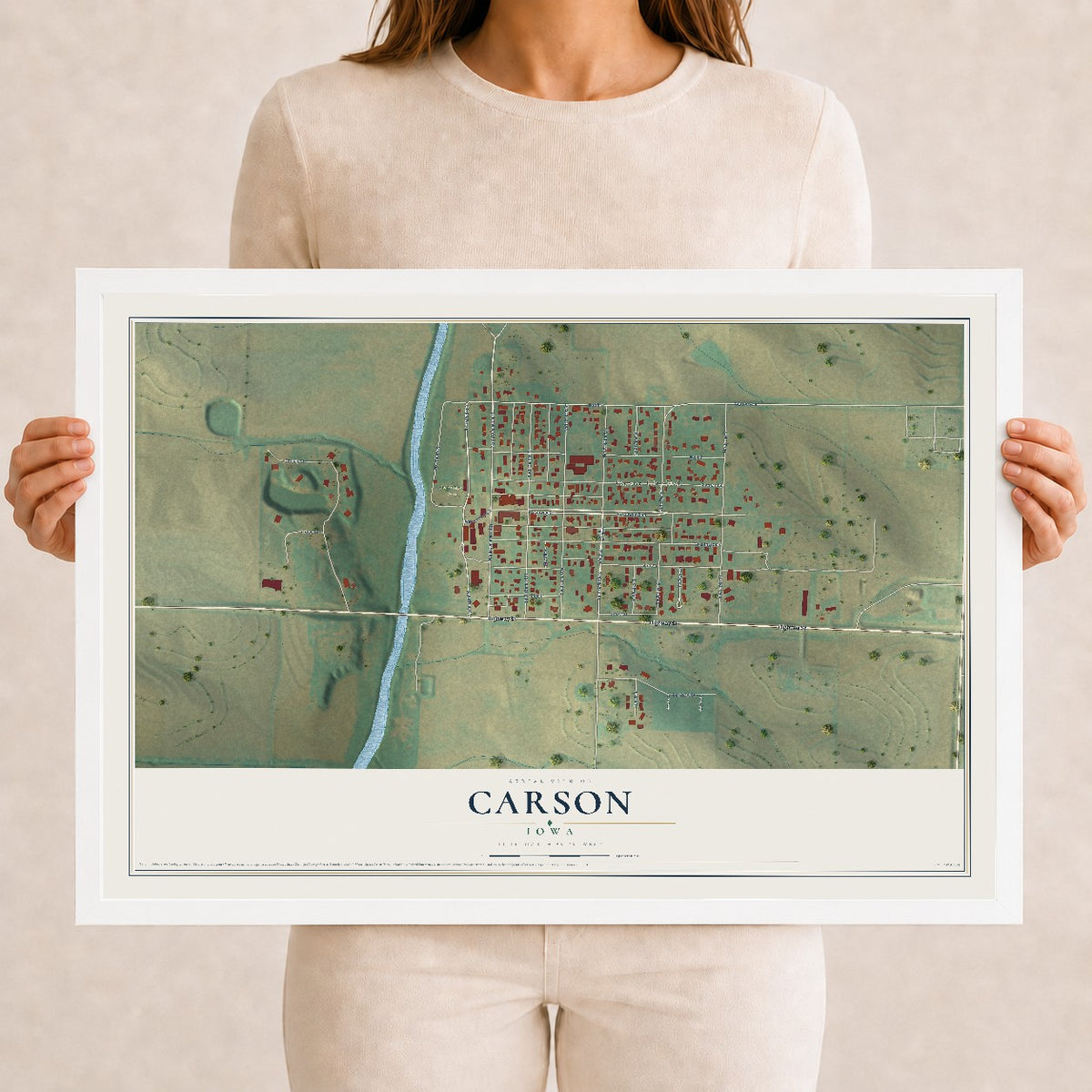 Map of Carson, Iowa, 12 x 18 inch print in a white wood frame
