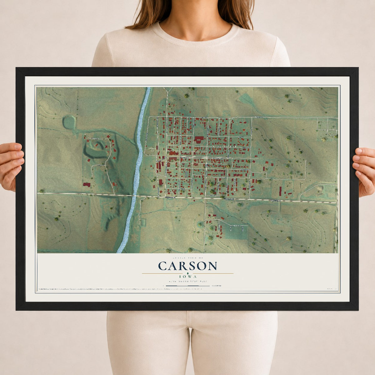 Map of Carson, Iowa, 18 x 24 inch print in a black wood frame
