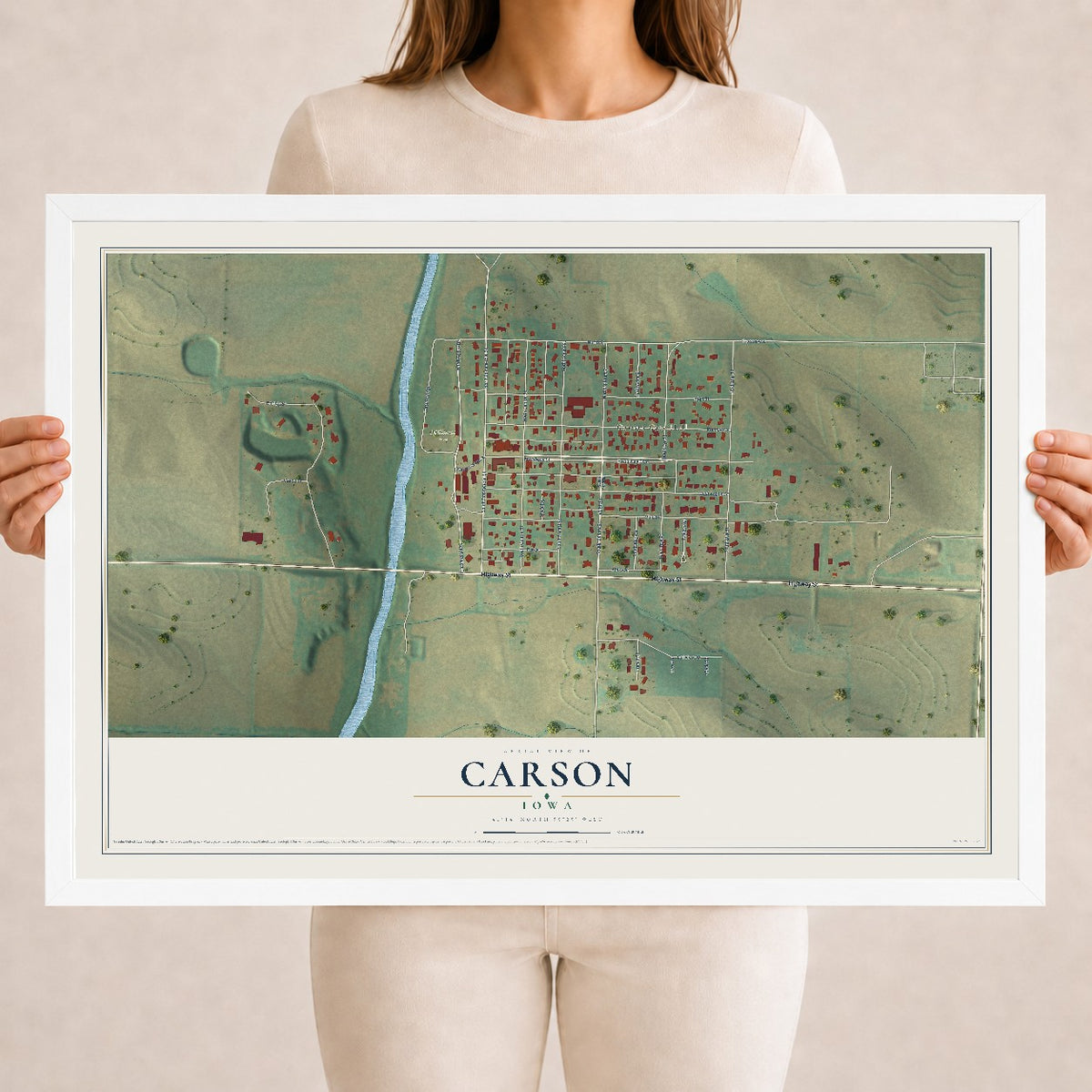Map of Carson, Iowa, 18 x 24 inch print in a white wood frame