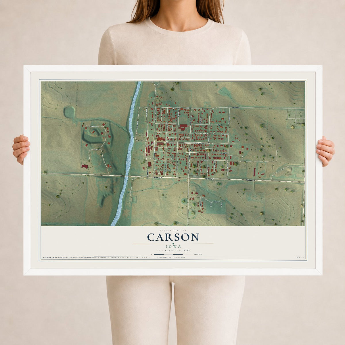 Map of Carson, Iowa, 24 x 36 inch print in a white wood frame