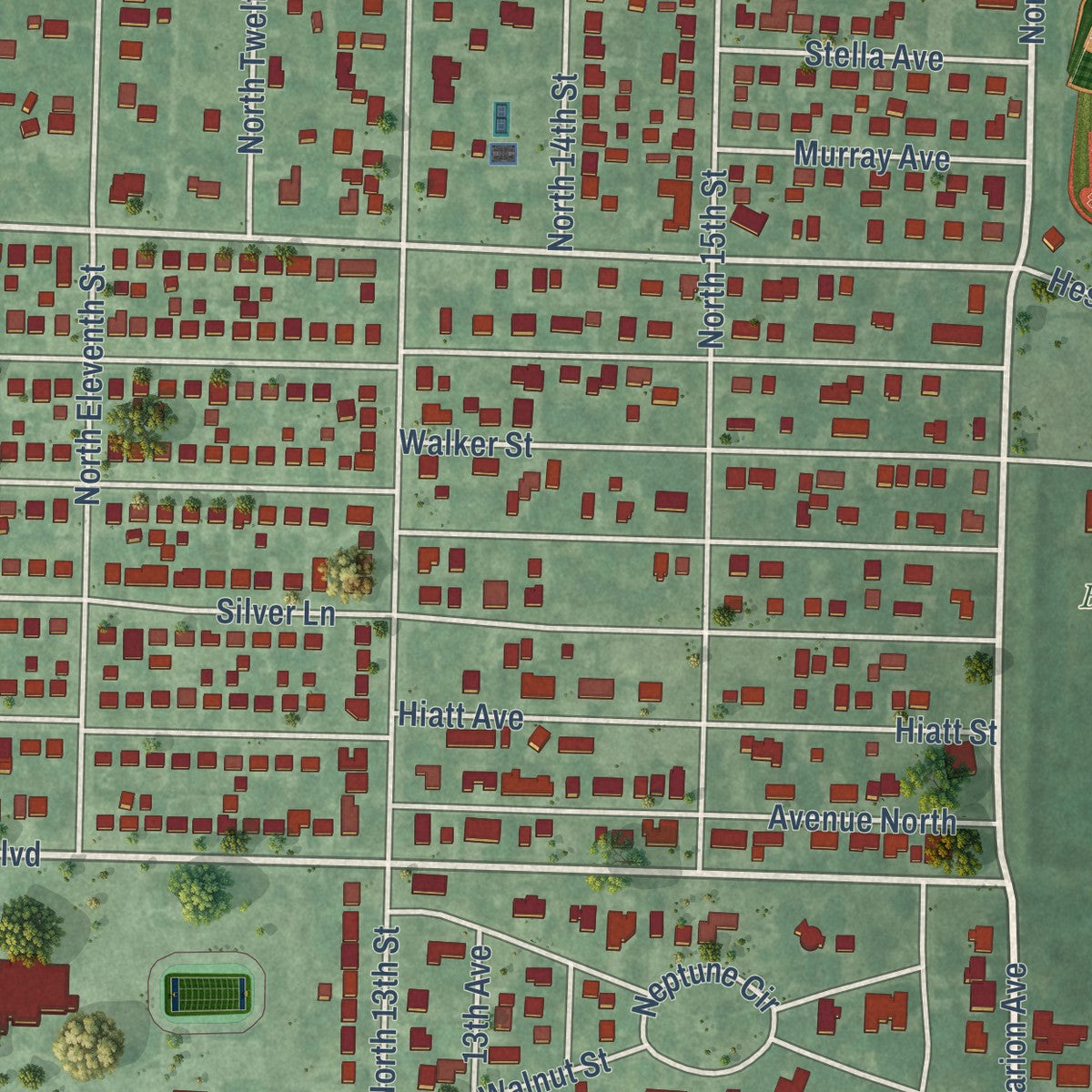 Second close-up of the map of Carter Lake, Iowa print showing more streets and buildings