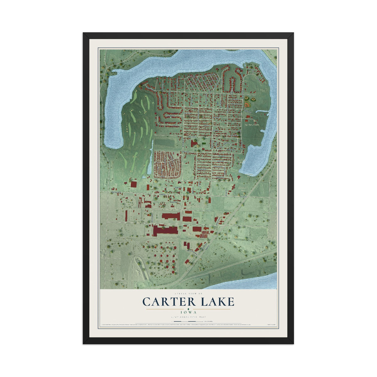Map of Carter Lake, Iowa, 12 x 18 inch print in a black wood frame