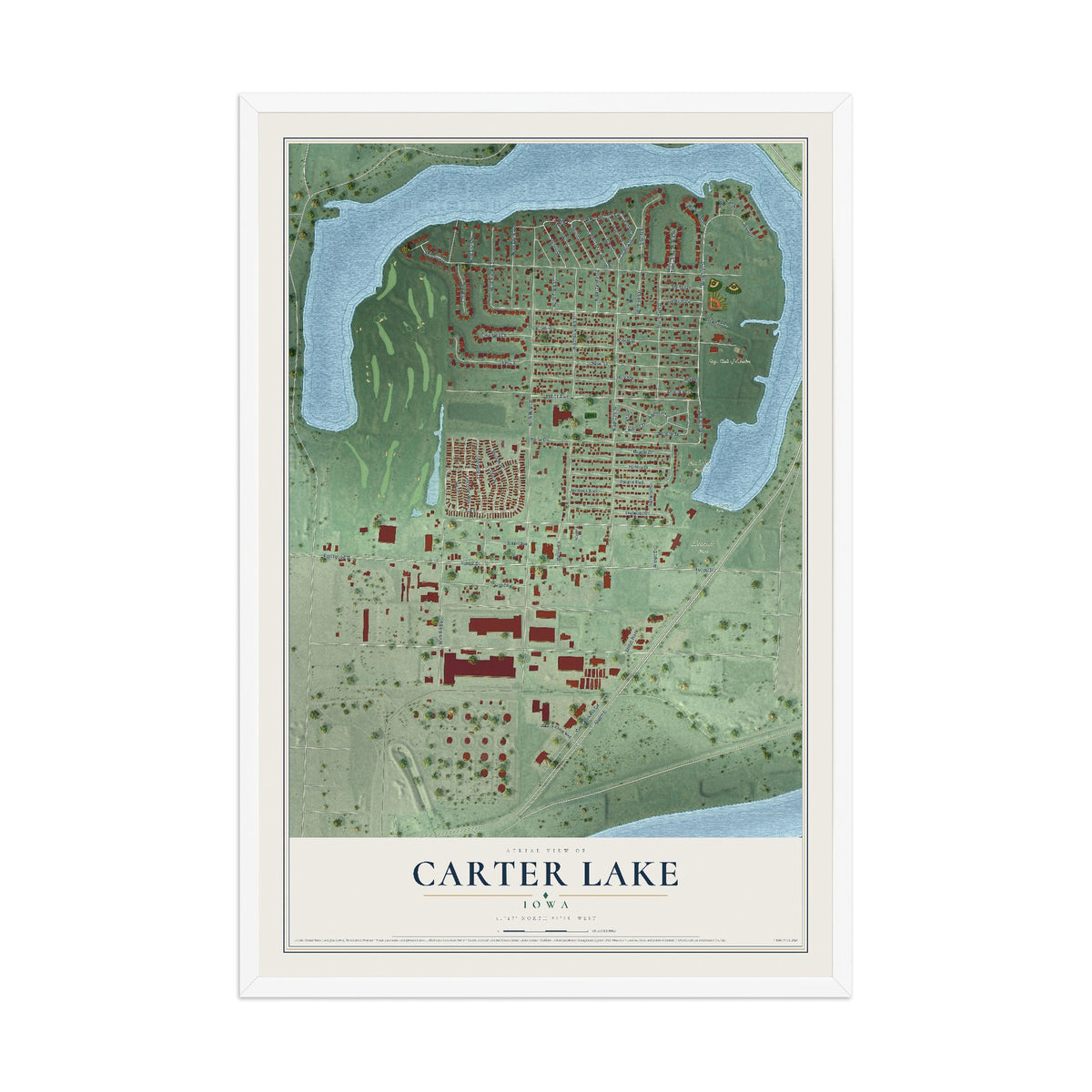 Map of Carter Lake, Iowa, 12 x 18 inch print in a white wood frame