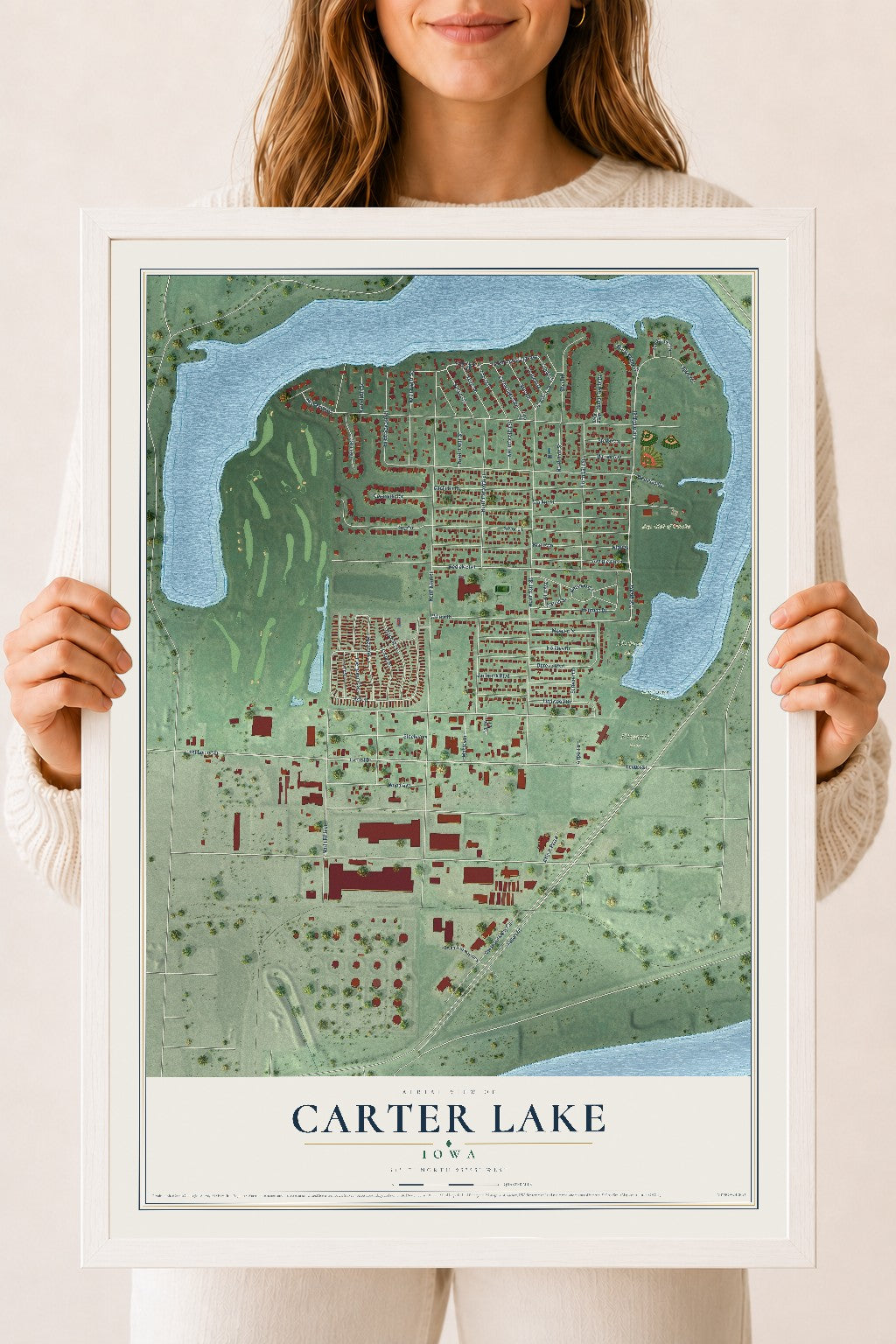 Map of Carter Lake, Iowa, 18 x 24 inch print in a white wood frame