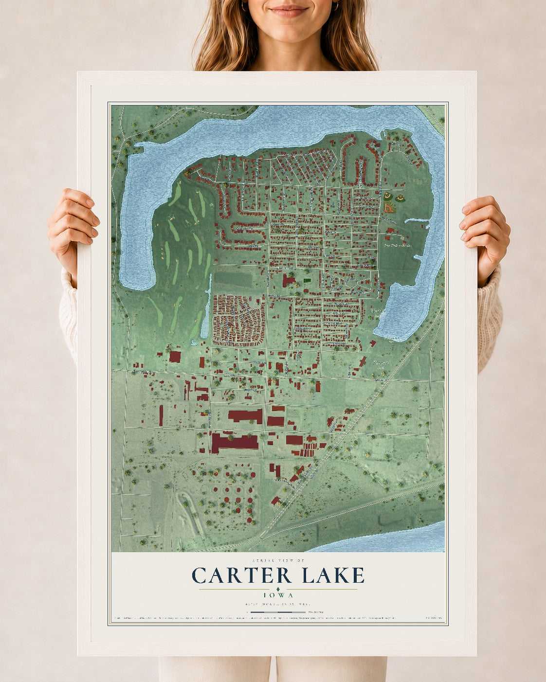 Map of Carter Lake, Iowa, 24 x 36 inch print in a white wood frame
