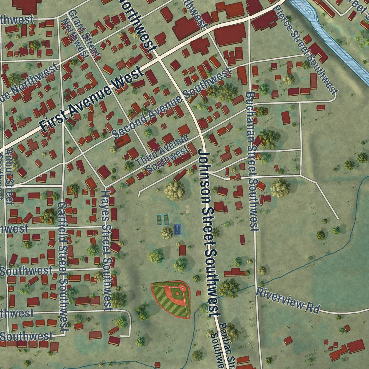 Close-up of the map of Cascade, Iowa print showing street and building detail
