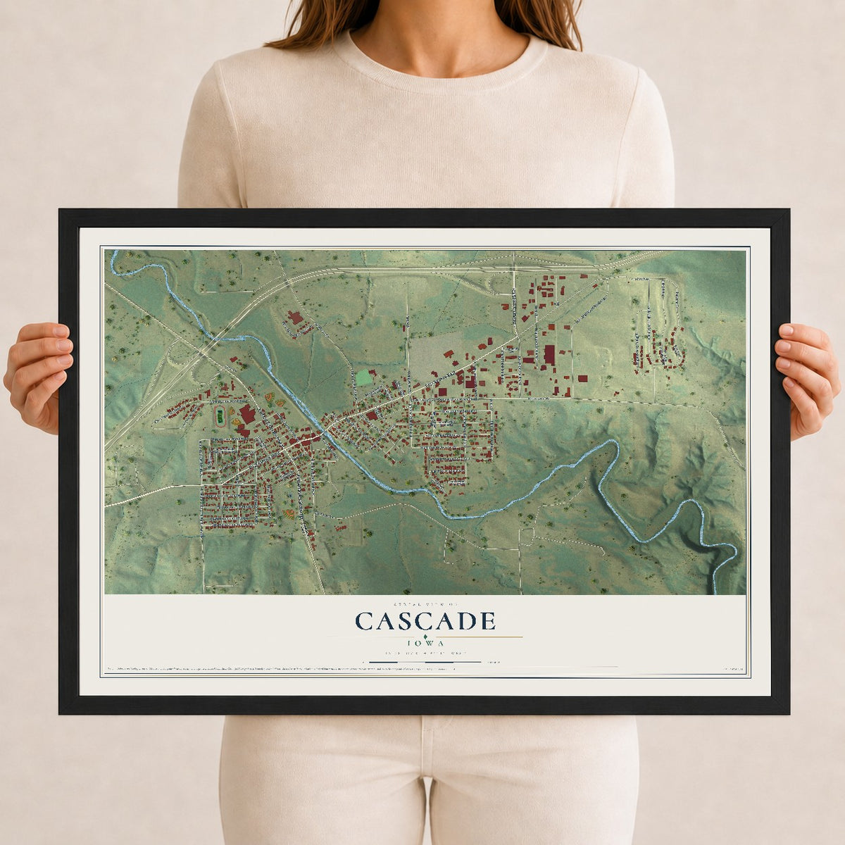 Map of Cascade, Iowa, 12 x 18 inch print in a black wood frame