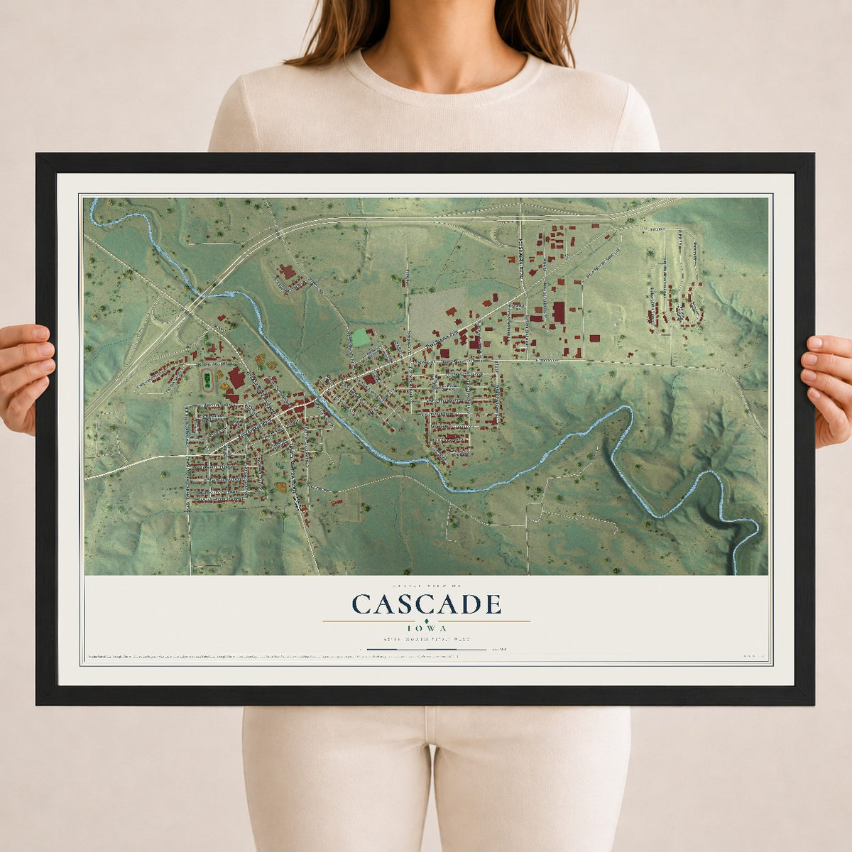 Map of Cascade, Iowa, 18 x 24 inch print in a black wood frame