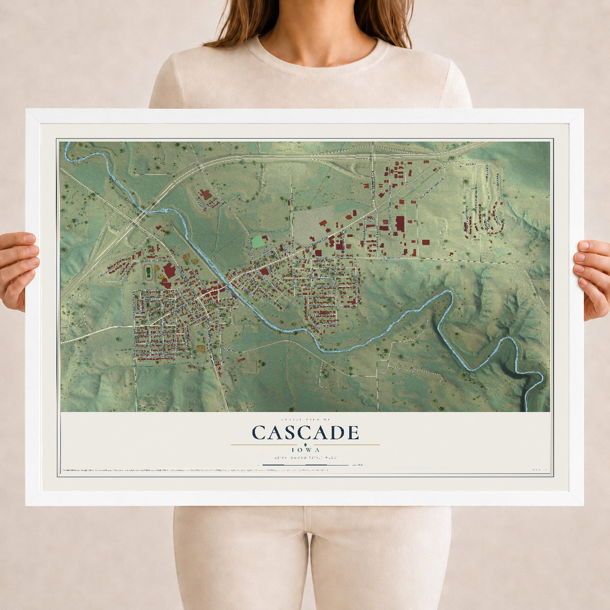 Map of Cascade, Iowa, 18 x 24 inch print in a white wood frame