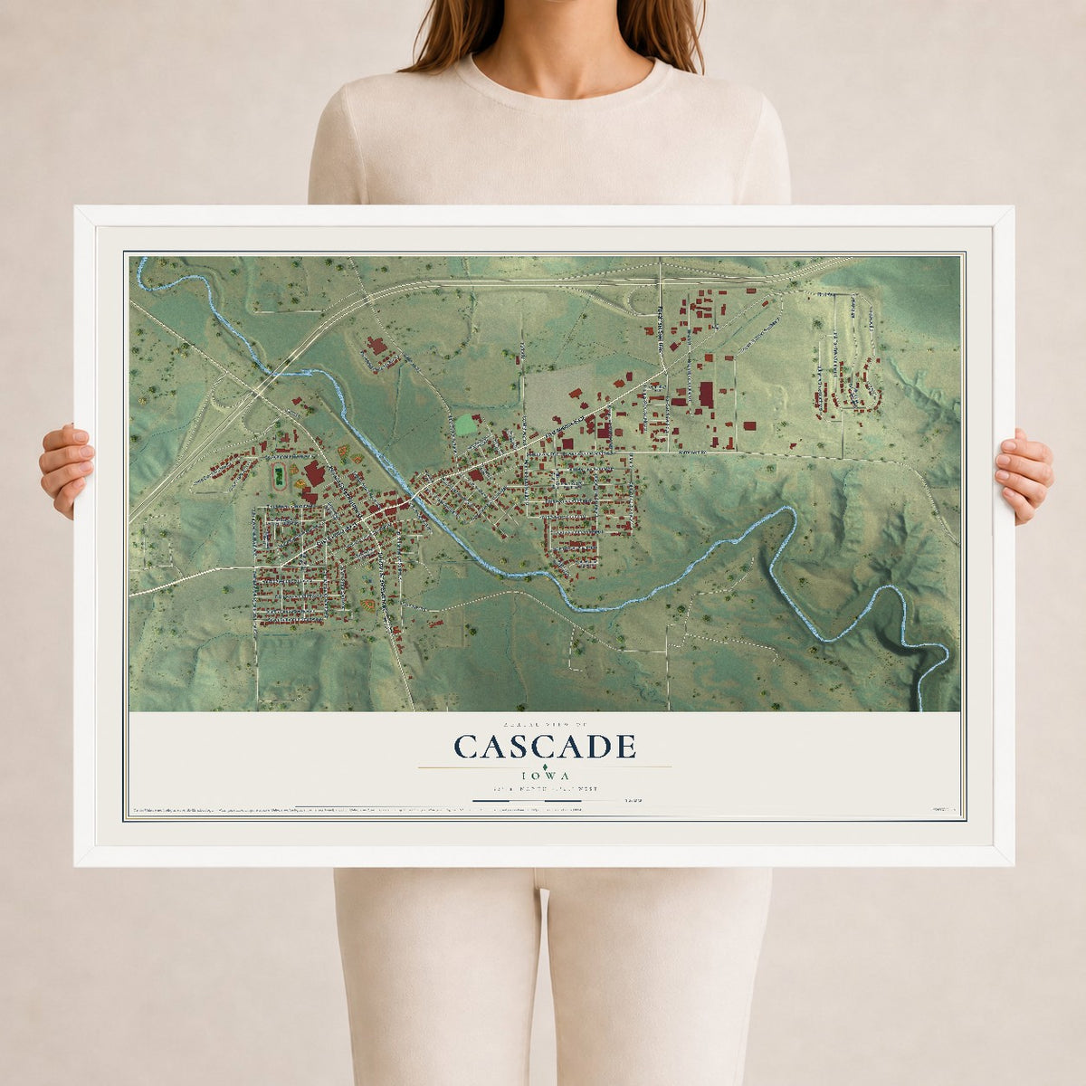 Map of Cascade, Iowa, 24 x 36 inch print in a white wood frame