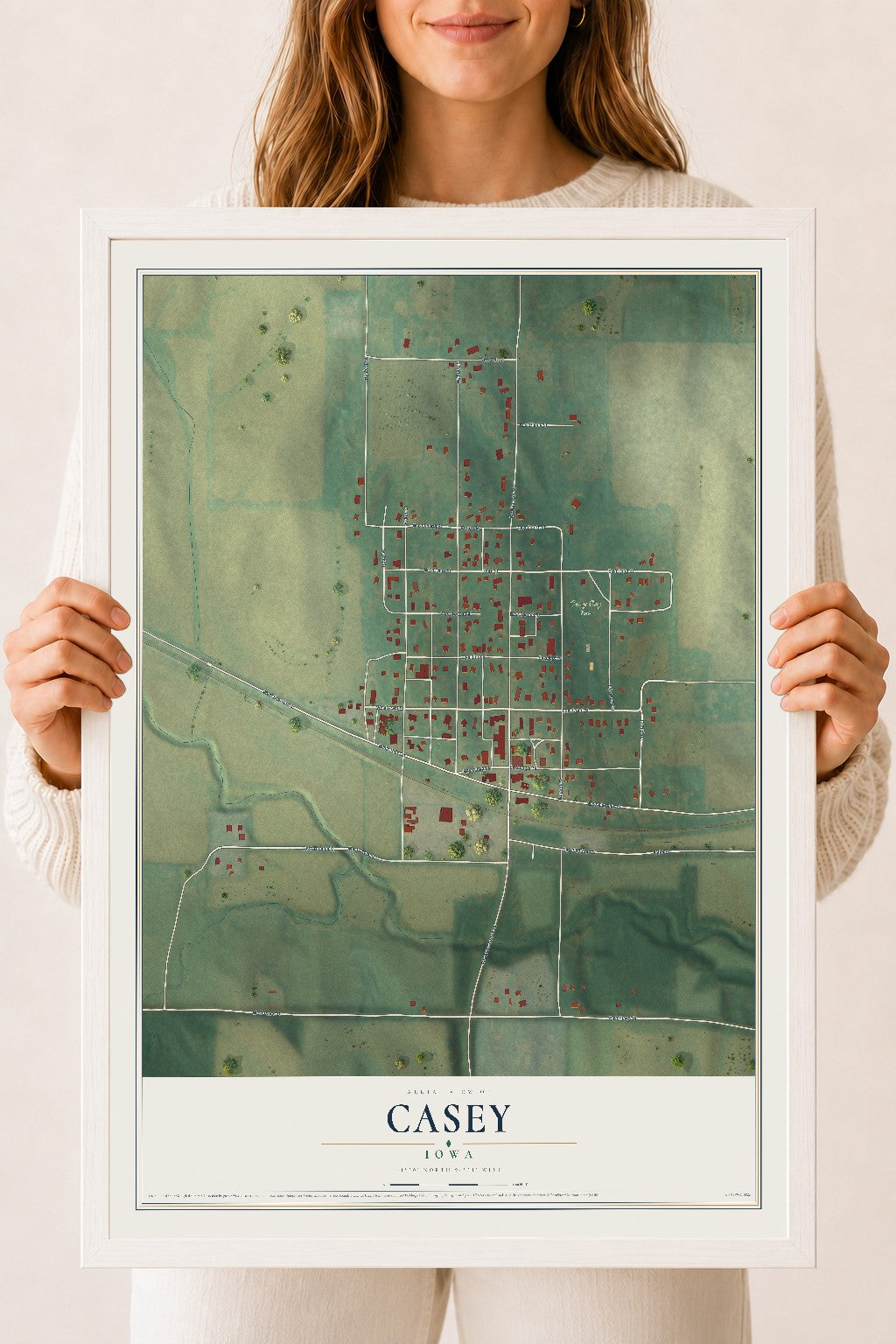 Map of Casey, Iowa, 18 x 24 inch print in a white wood frame