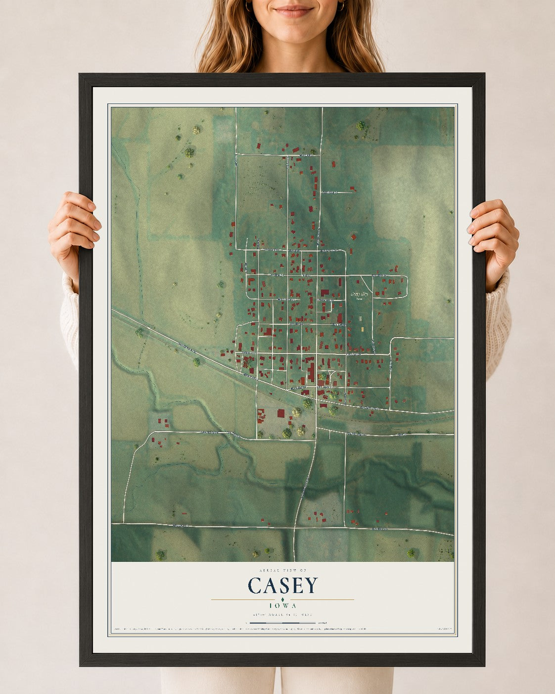 Map of Casey, Iowa, 24 x 36 inch print in a black wood frame