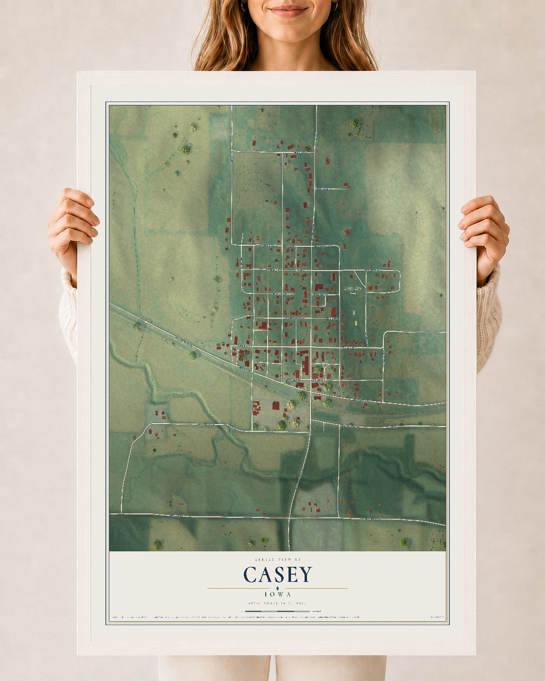 Map of Casey, Iowa, 24 x 36 inch print in a white wood frame