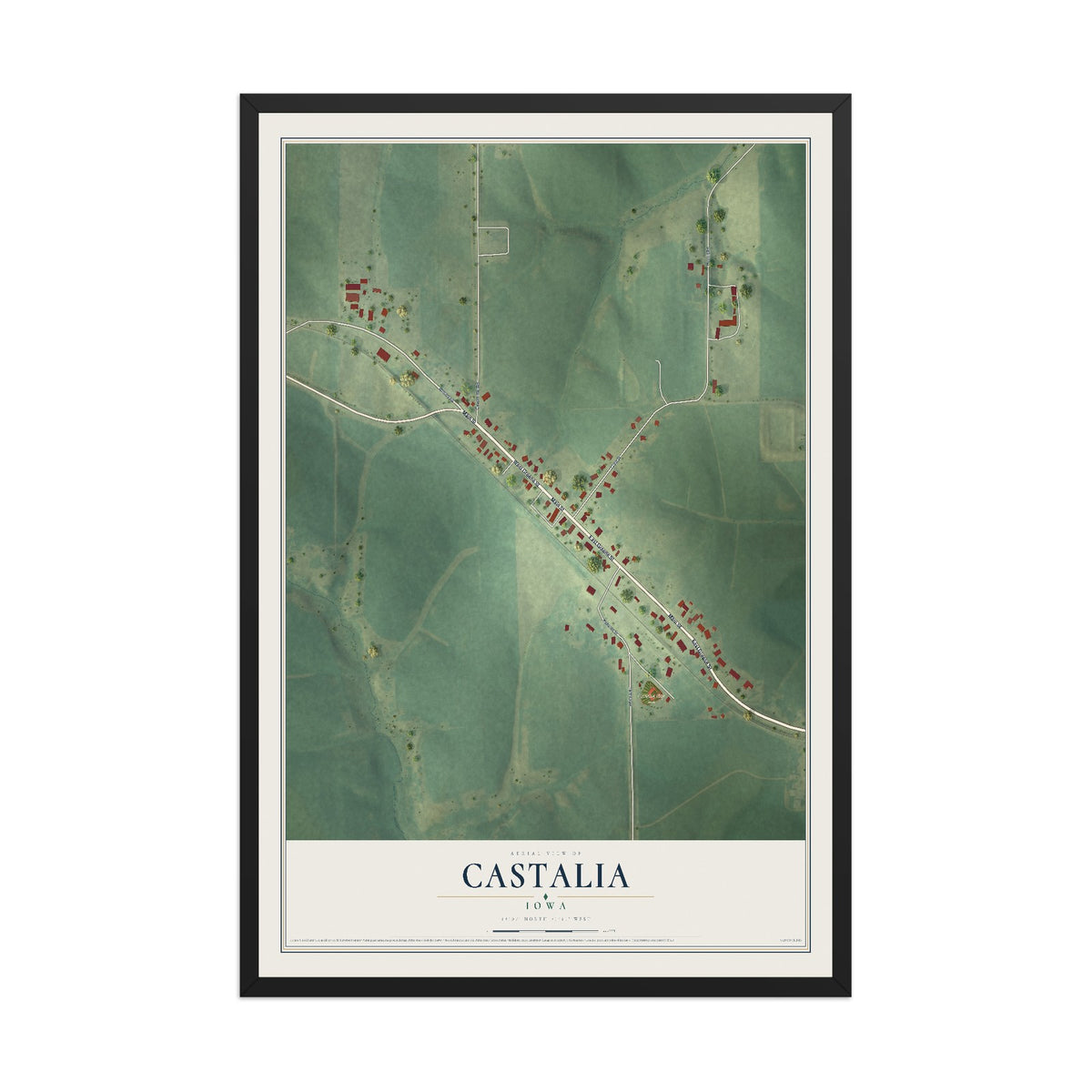Map of Castalia, Iowa, 12 x 18 inch print in a black wood frame