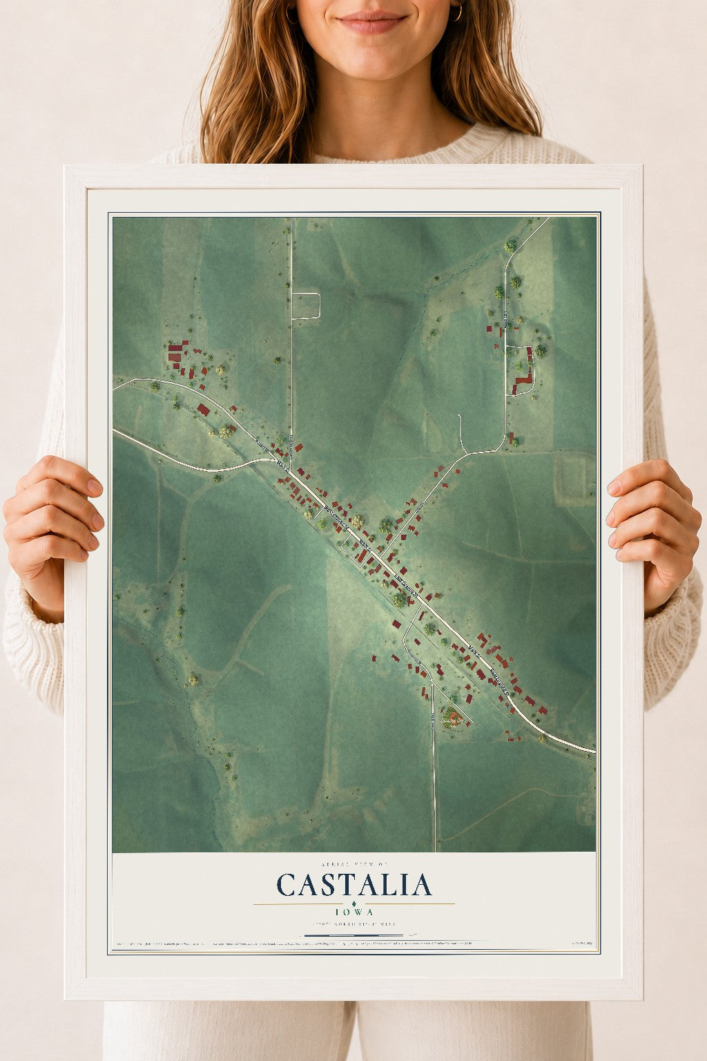 Map of Castalia, Iowa, 18 x 24 inch print in a white wood frame
