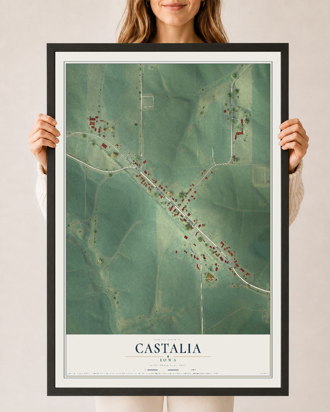 Map of Castalia, Iowa, 24 x 36 inch print in a black wood frame