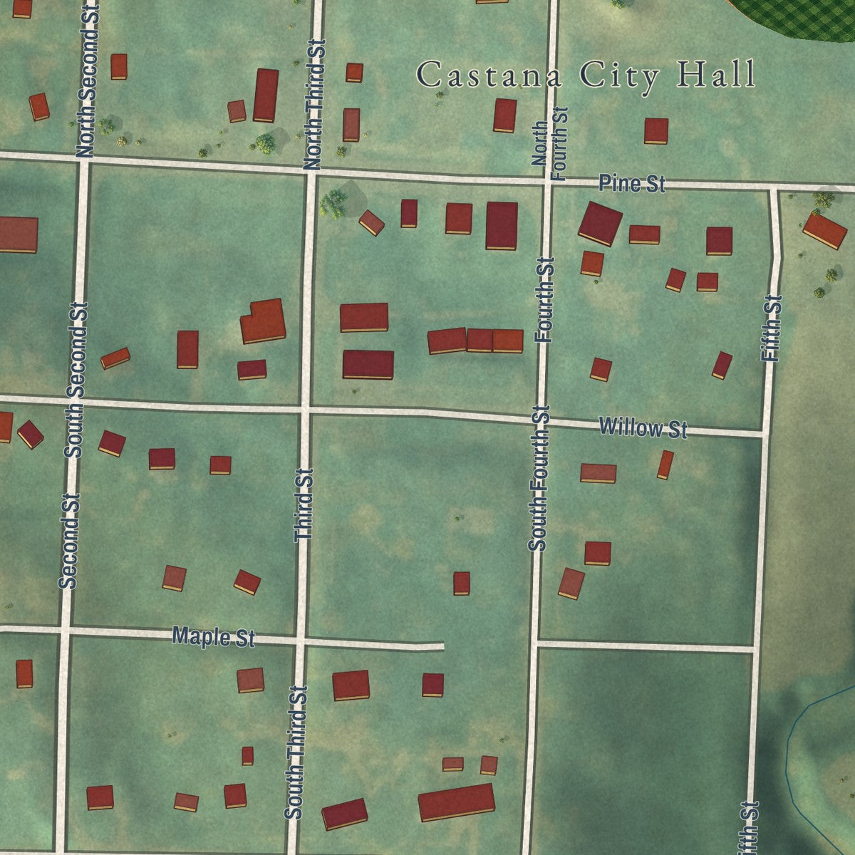 Close-up of the map of Castana, Iowa print showing street and building detail