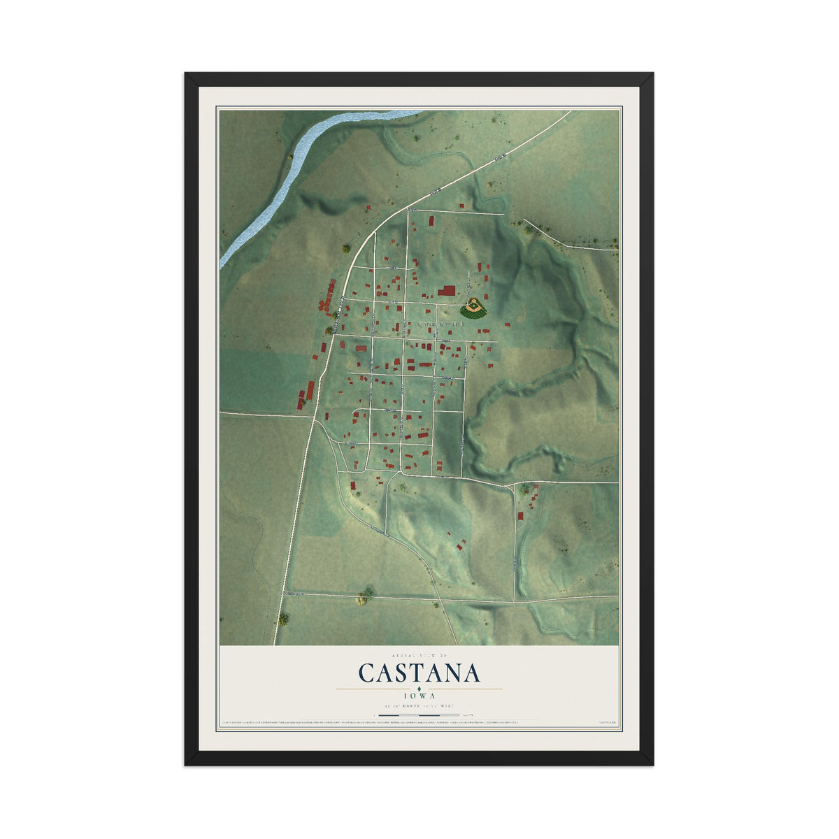 Map of Castana, Iowa, 12 x 18 inch print in a black wood frame