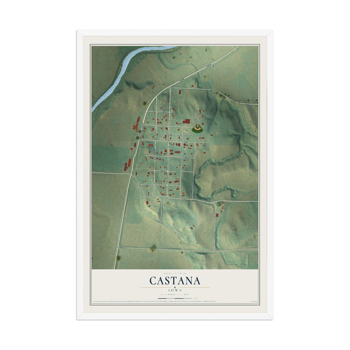 Map of Castana, Iowa, 12 x 18 inch print in a white wood frame