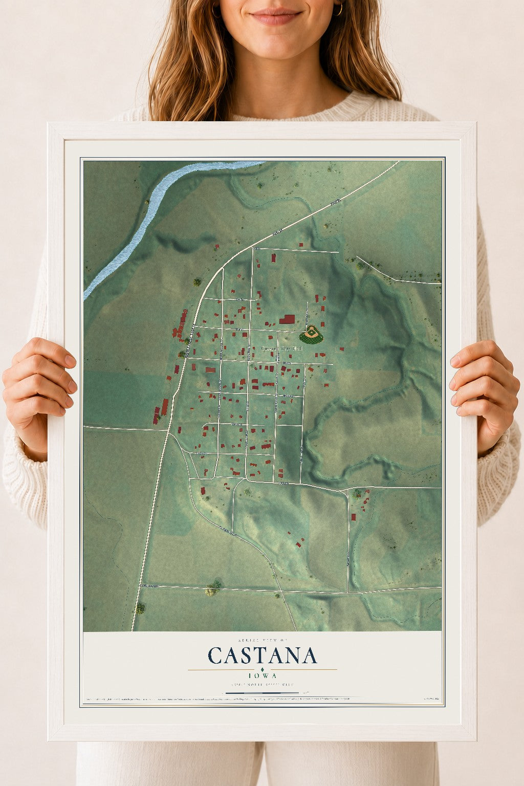 Map of Castana, Iowa, 18 x 24 inch print in a white wood frame