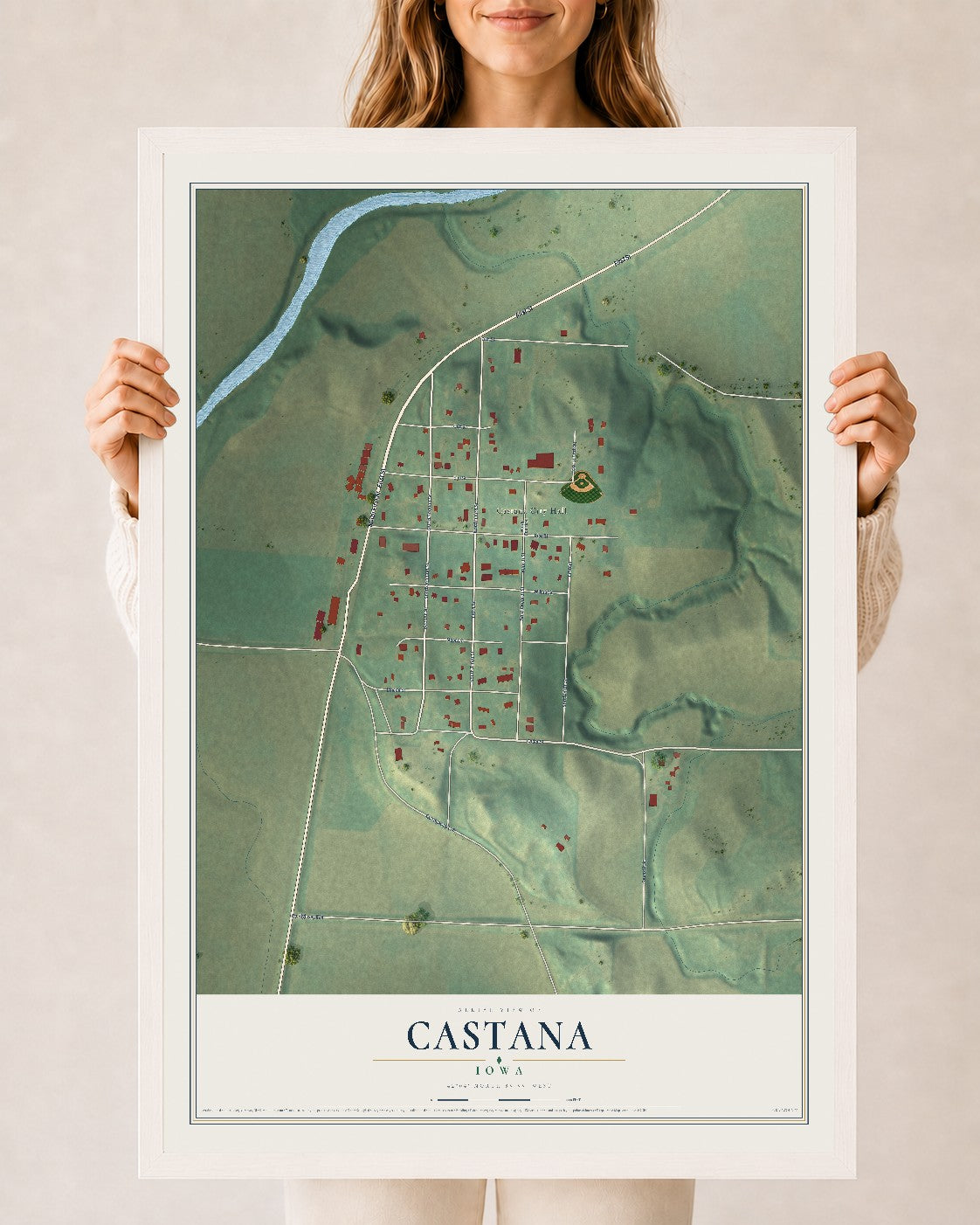 Map of Castana, Iowa, 24 x 36 inch print in a white wood frame