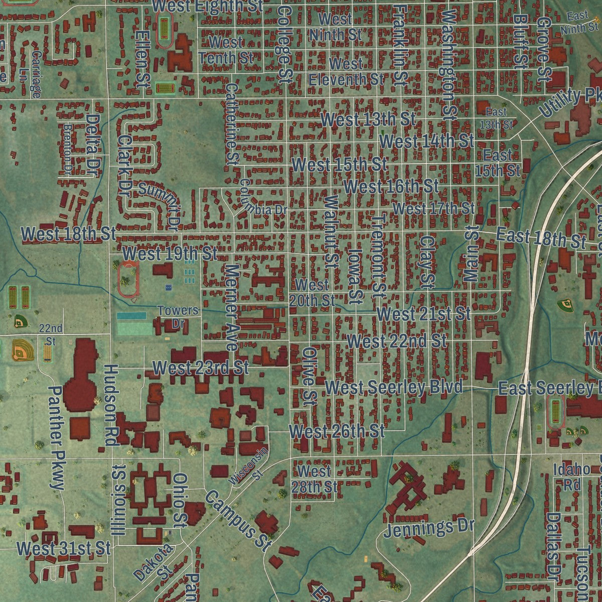 Close-up of the map of Cedar Falls, Iowa print showing street and building detail