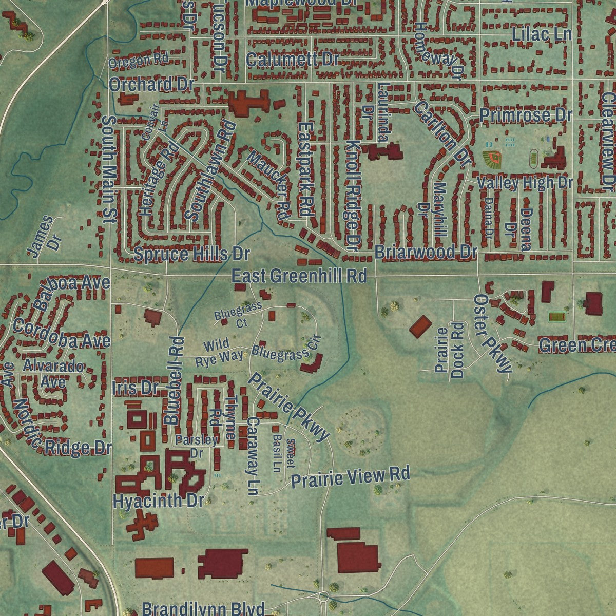 Second close-up of the map of Cedar Falls, Iowa print showing more streets and buildings