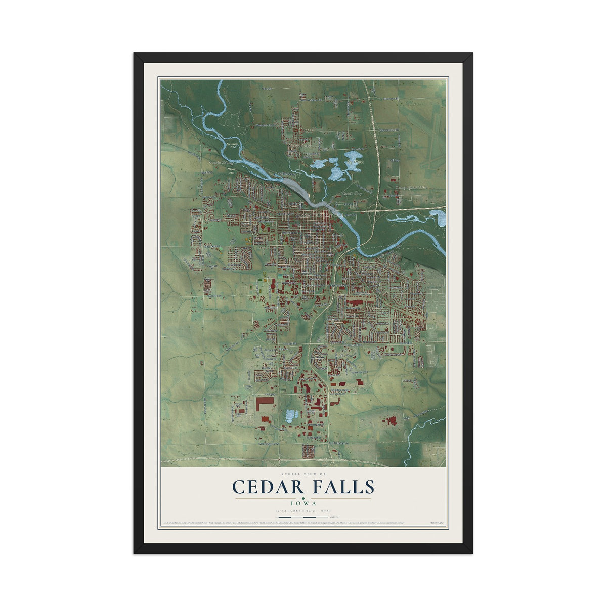 Map of Cedar Falls, Iowa, 12 x 18 inch print in a black wood frame