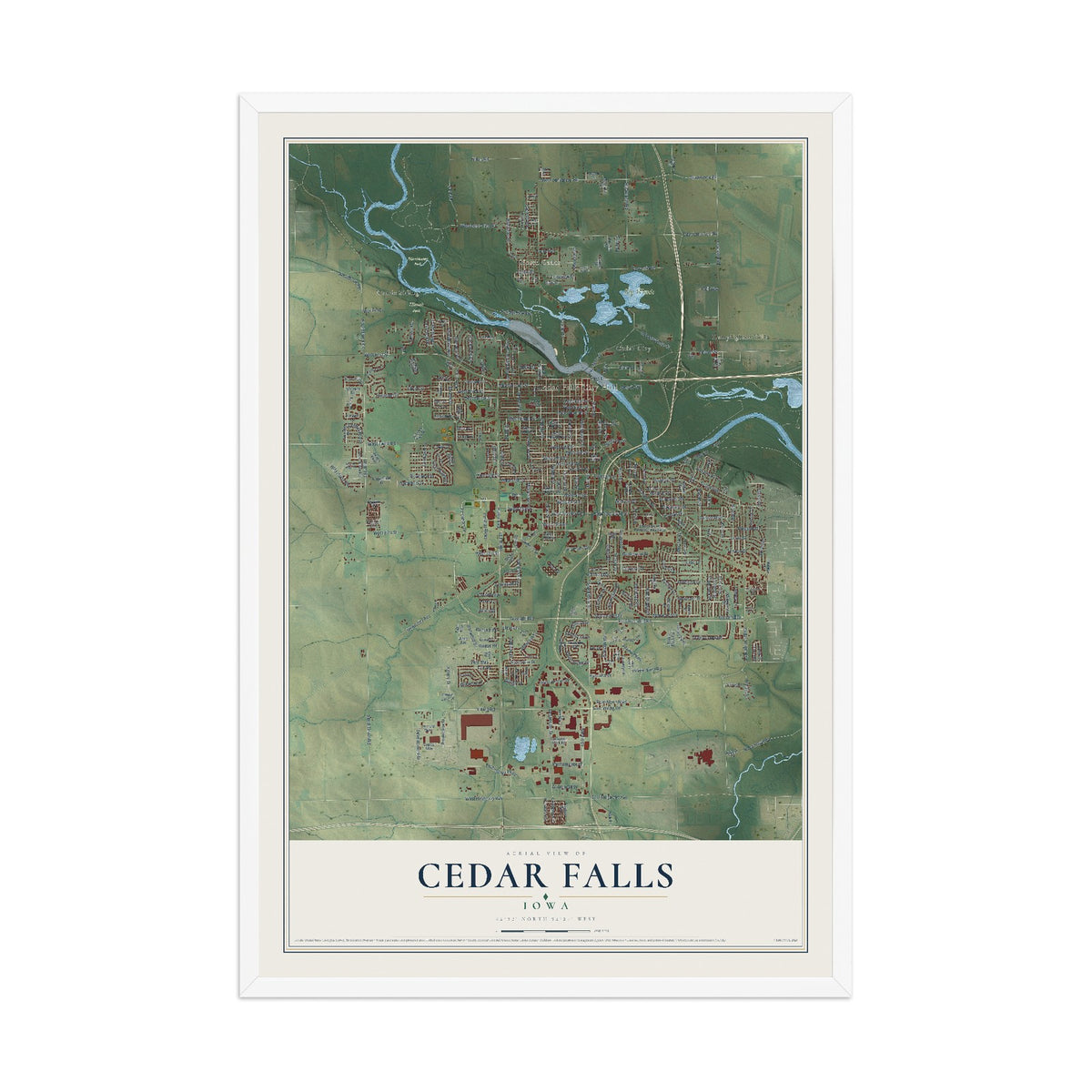 Map of Cedar Falls, Iowa, 12 x 18 inch print in a white wood frame