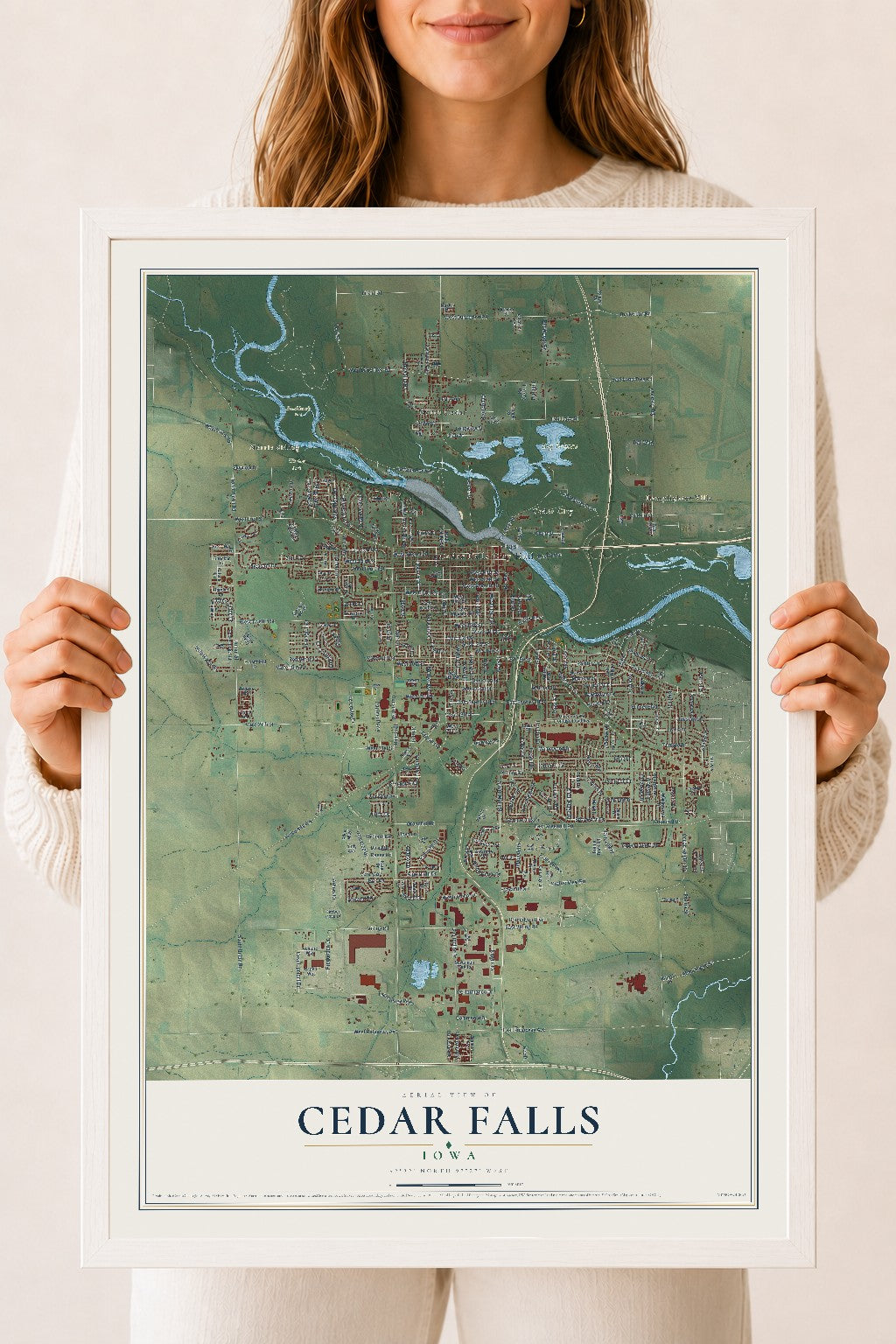 Map of Cedar Falls, Iowa, 18 x 24 inch print in a white wood frame