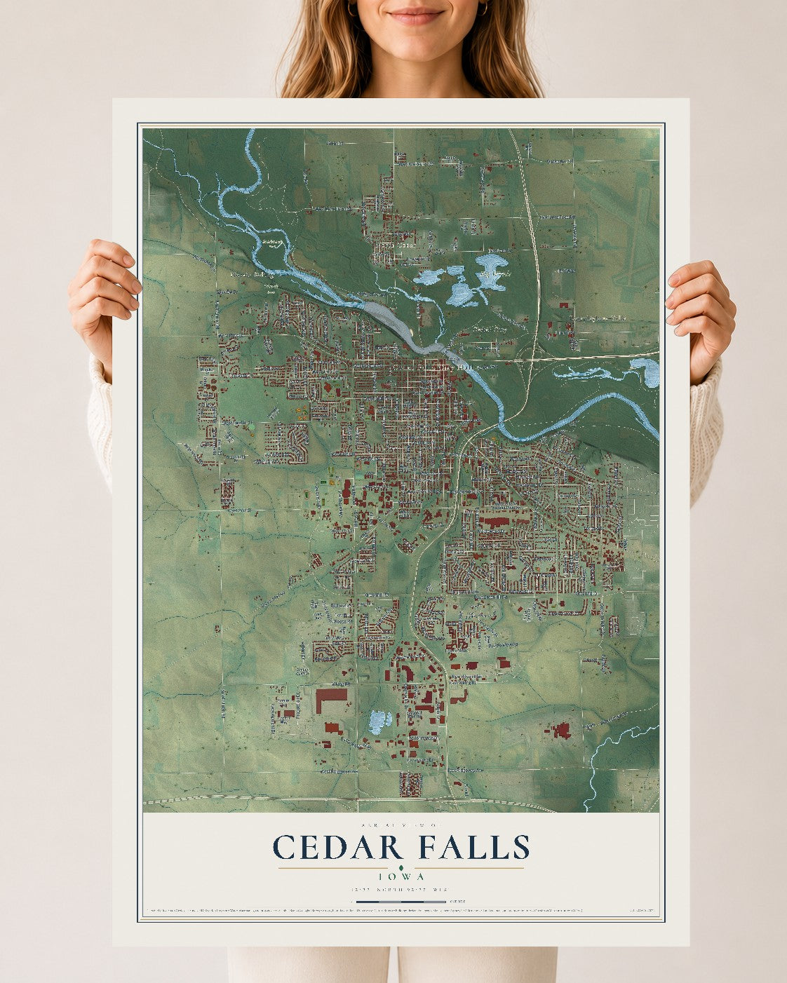 Map of Cedar Falls, Iowa, 24 x 36 inch unframed archival matte print