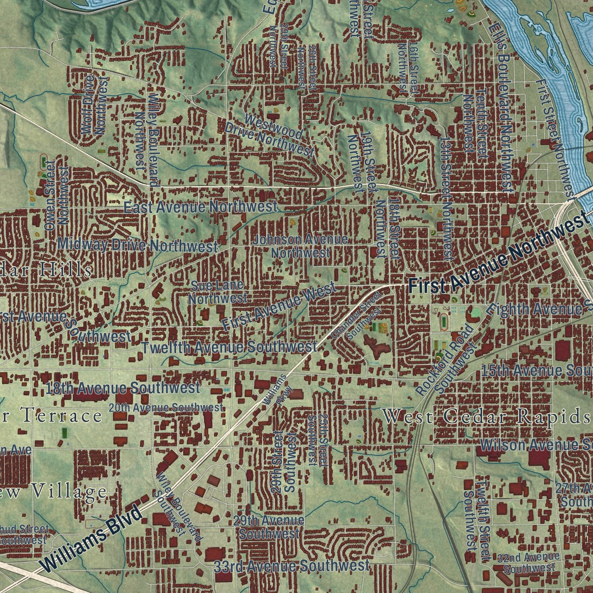 Close-up of the map of Cedar Rapids, Iowa print showing street and building detail