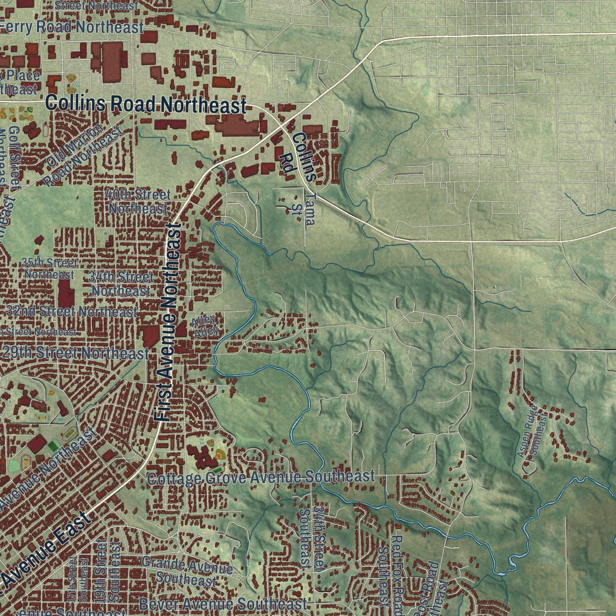 Second close-up of the map of Cedar Rapids, Iowa print showing more streets and buildings