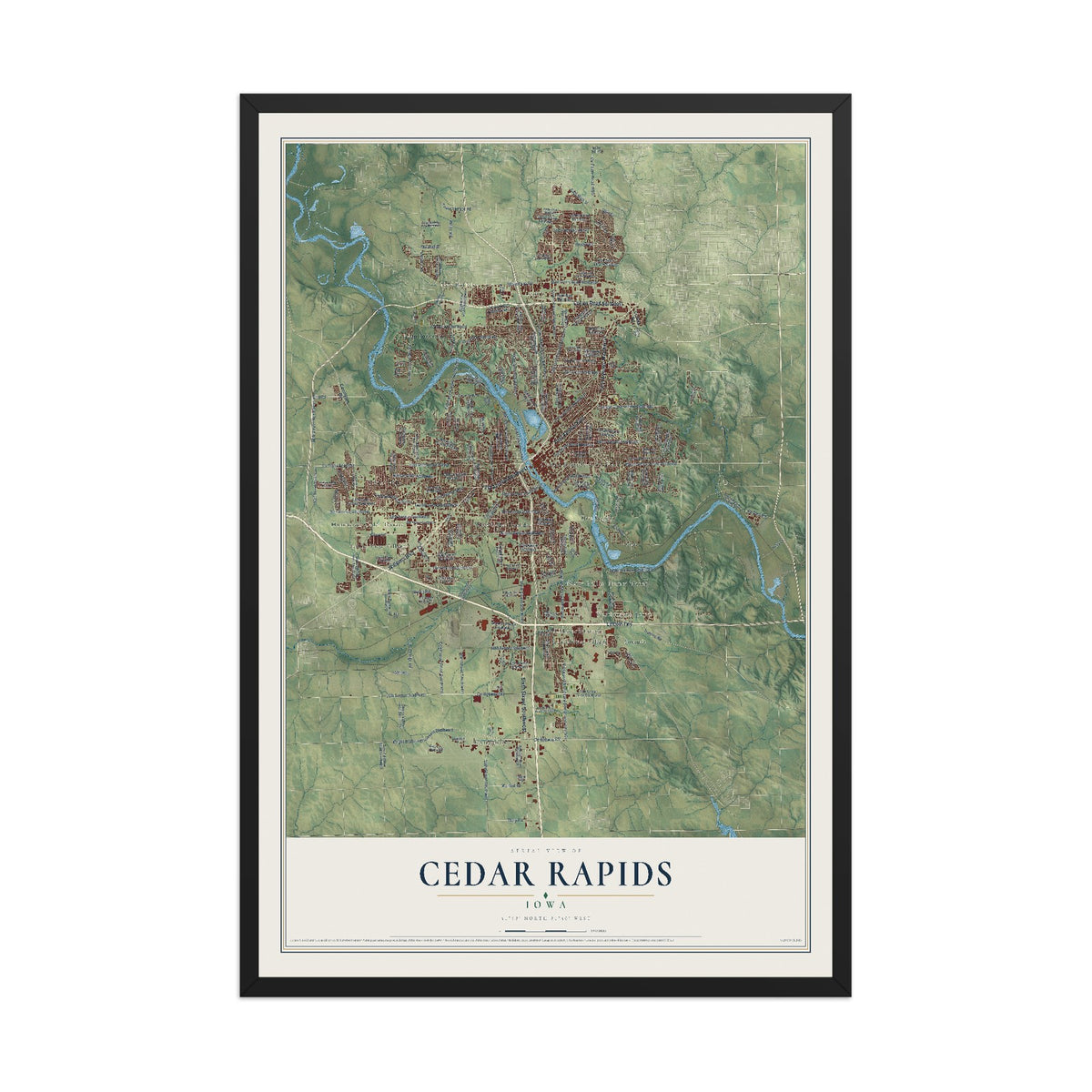 Map of Cedar Rapids, Iowa, 12 x 18 inch print in a black wood frame