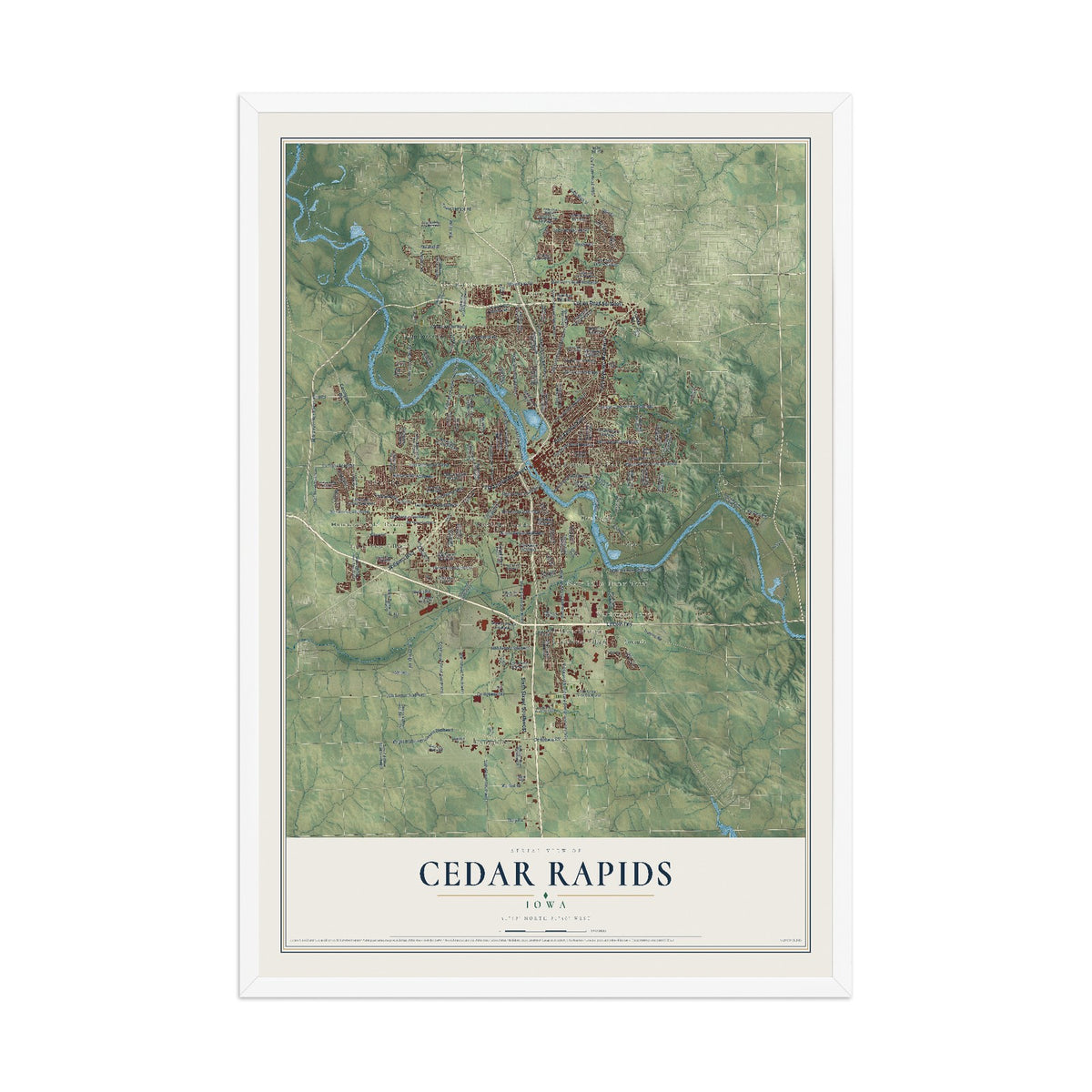 Map of Cedar Rapids, Iowa, 12 x 18 inch print in a white wood frame