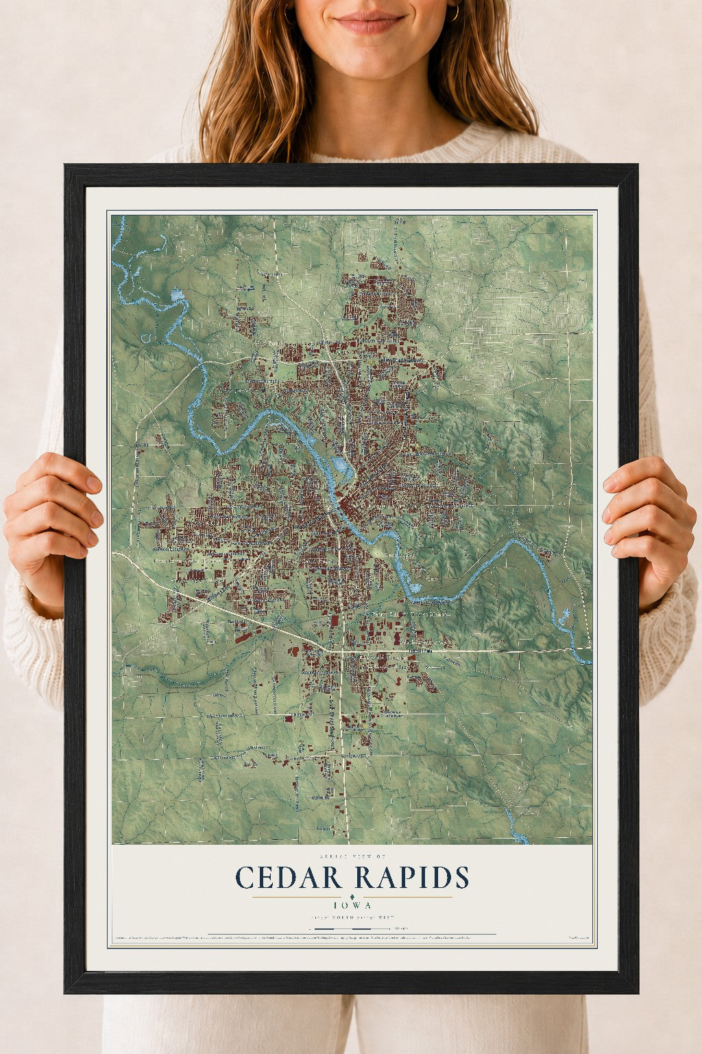 Map of Cedar Rapids, Iowa, 18 x 24 inch print in a black wood frame