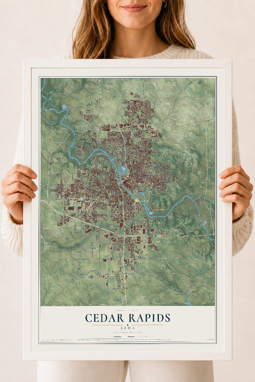 Map of Cedar Rapids, Iowa, 18 x 24 inch print in a white wood frame