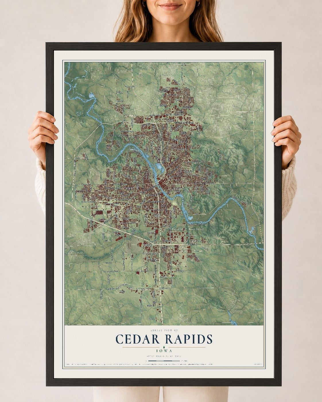 Map of Cedar Rapids, Iowa, 24 x 36 inch print in a black wood frame