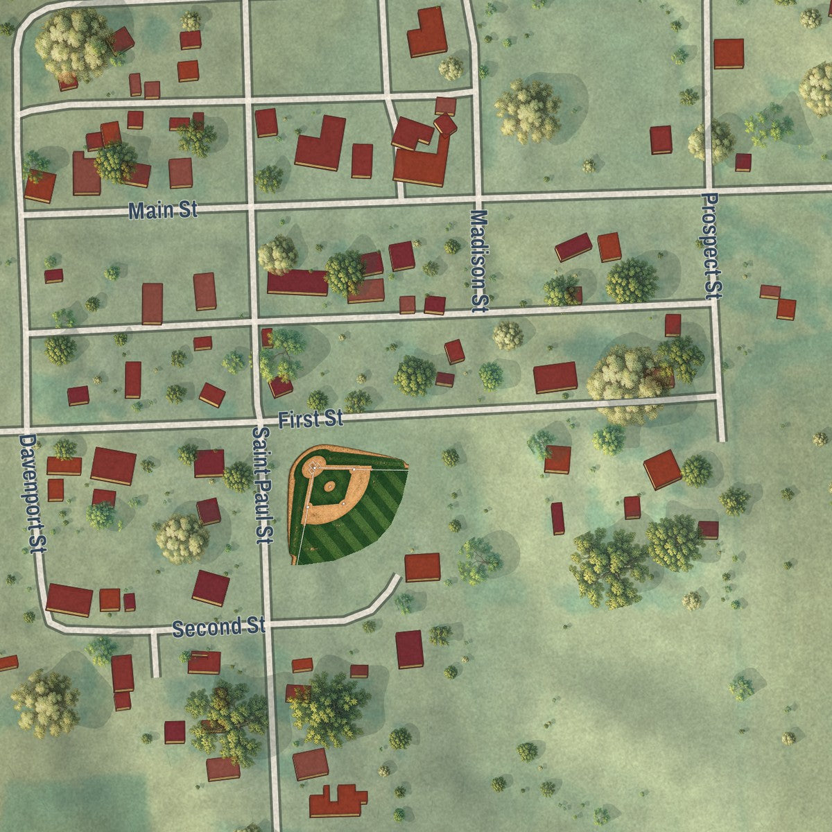 Close-up of the map of Center Junction, Iowa print showing street and building detail