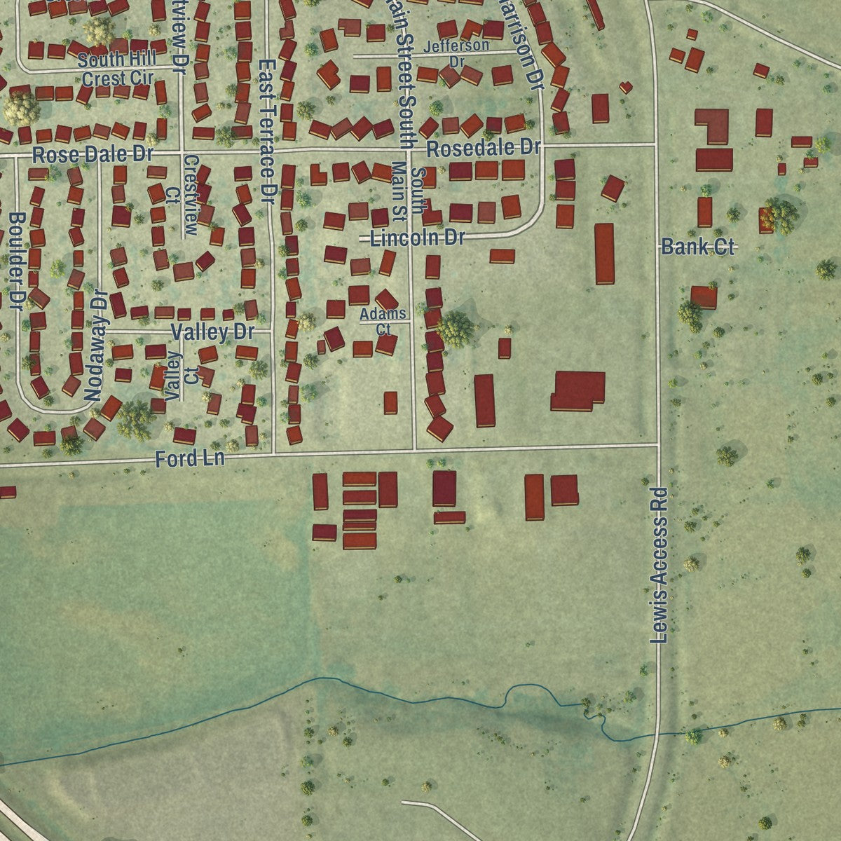 Second close-up of the map of Center Point, Iowa print showing more streets and buildings