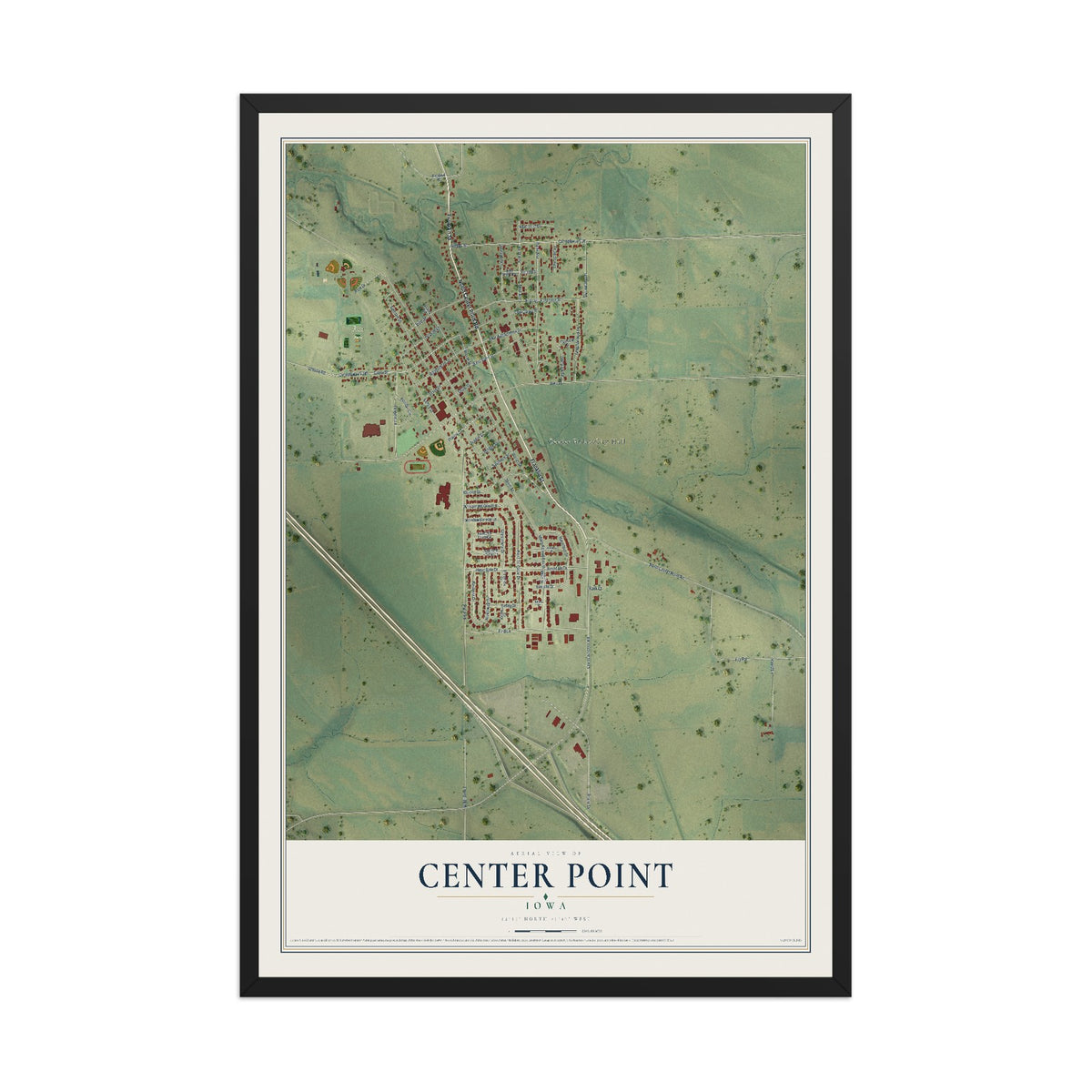 Map of Center Point, Iowa, 12 x 18 inch print in a black wood frame