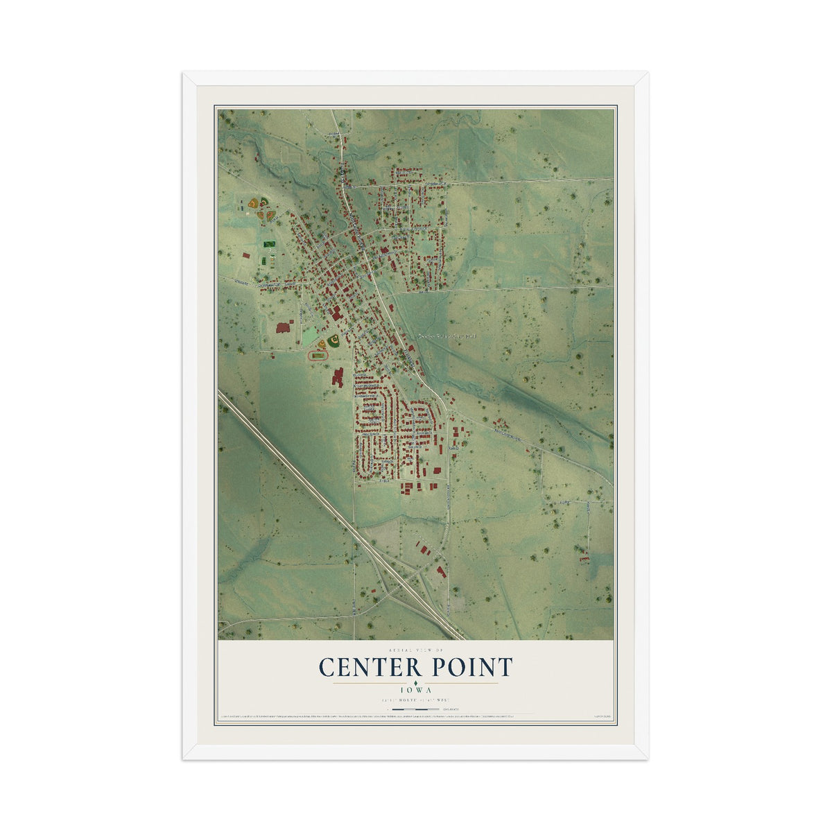 Map of Center Point, Iowa, 12 x 18 inch print in a white wood frame